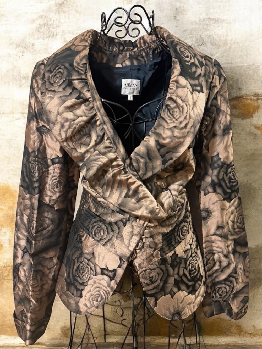 Armani Collezioni Rose-Print Satin Blazer in Taupe and Black
